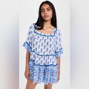 Playa Lucila Drop Waist Border Print Dress in Blue and White